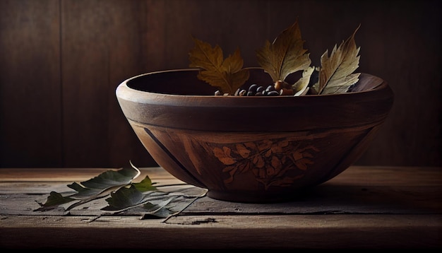 Autumn leaf on old wood table decor generated by AI