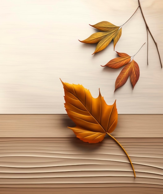 Autumn leaf with autumn leaves and buds on the wooden table background in the style of daz3d minim