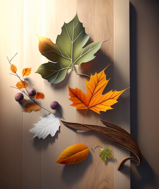 Autumn leaf with autumn leaves and buds on the wooden table background in the style of daz3d minim