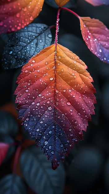 Autumn Leaf with Dew Drops A closeup of a single autumn leaf displaying vibrant hues of orange red and blue with dew drops glistening