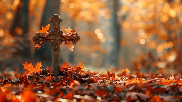 Photo autumn leaves and acorns adorning cross in forest scene