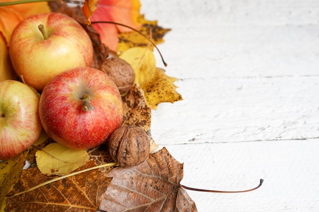 Autumn leaves and apples