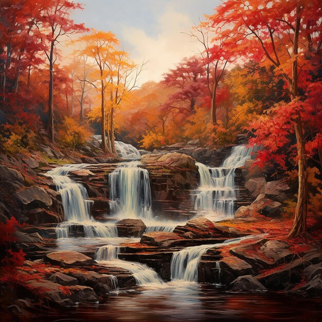 The autumn leaves are dry and the ground is colored red and gold and a beautiful view of a waterfall