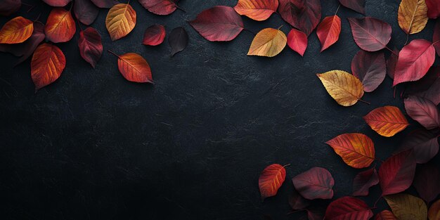 Photo autumn leaves background on a dark surface top view with copy space