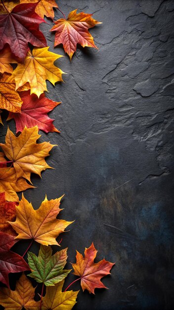 Autumn leaves background on a dark surface top view with copy space