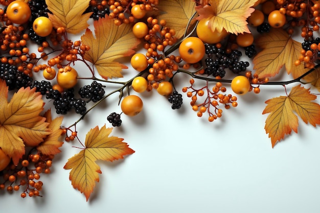 Autumn leaves and berries on white background top view Space for text