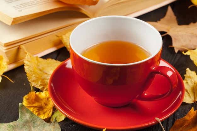 Autumn leaves, book and cup of tea