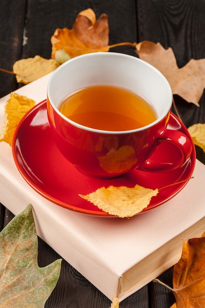 Autumn leaves, book and cup of tea