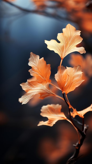 autumn leaves on a branch with a blue sky in the background