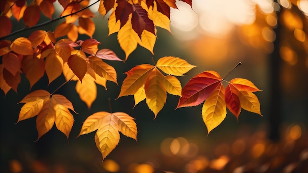 Autumn leaves on a branch with the sun shining on them