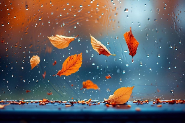 Autumn leaves on the car windshield with rain drops Autumn background