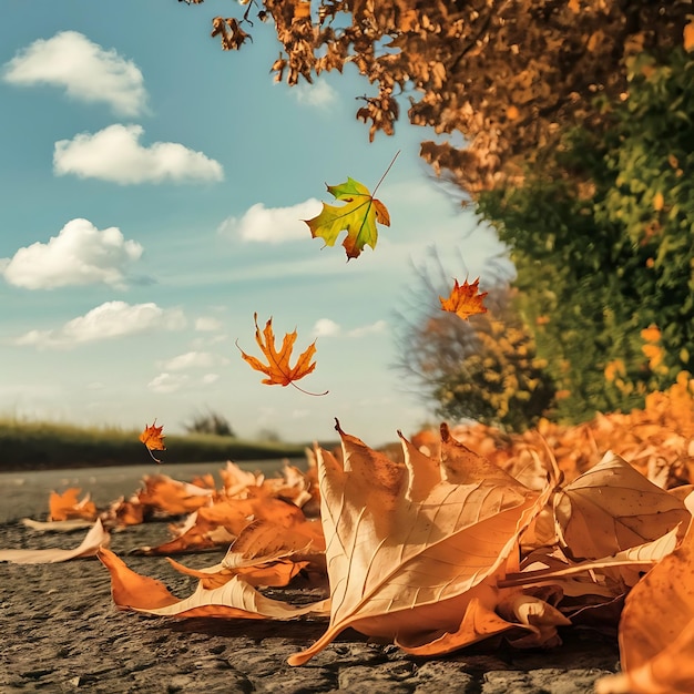 Autumn leaves covering the street pavement