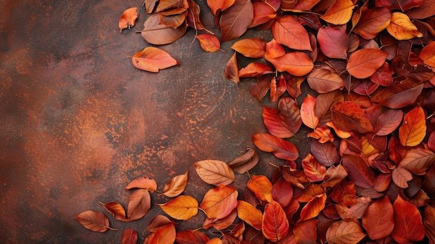 Autumn leaves display warm colors on rustic surface