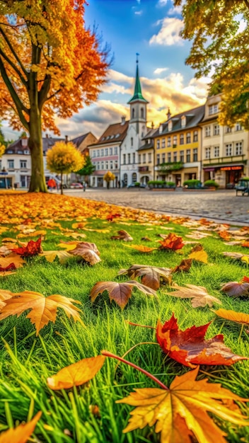 Autumn Leaves in a European Square With a Church Spire Generative AI