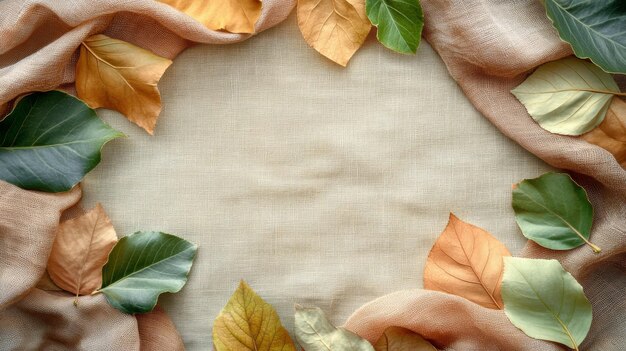 Photo autumn leaves and fabric bordering a blank canvas