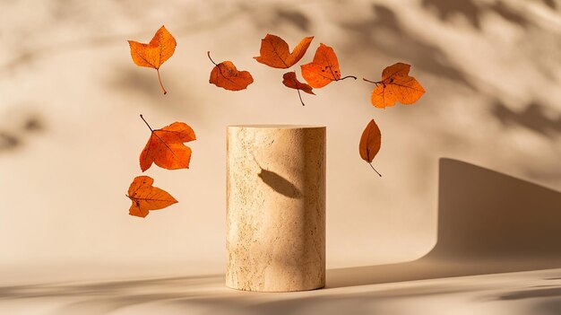 Photo autumn leaves falling around display platform for product presentation mockup for packaging