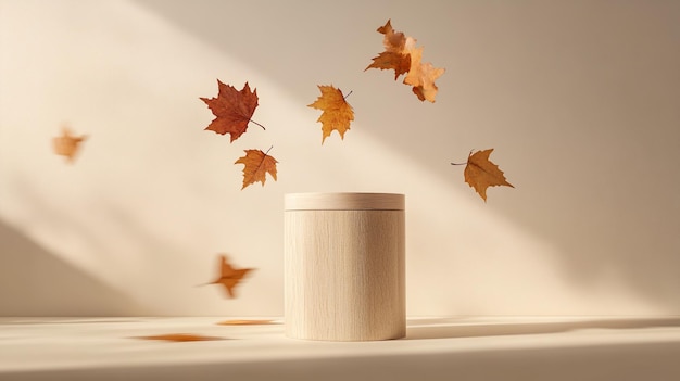 Autumn leaves falling around display platform for product presentation Mockup for packaging