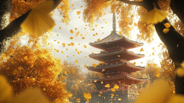 Autumn Leaves Falling Around a Traditional Japanese Pagoda