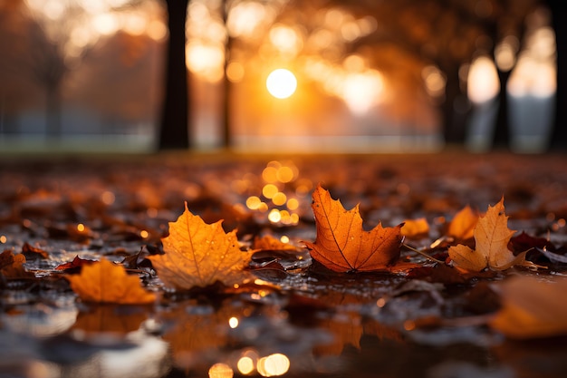 Photo autumn leaves falling at dusk generated by ai