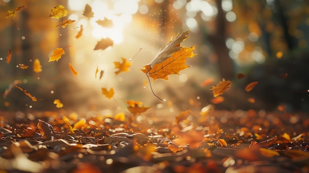 Photo autumn leaves falling from a tree in the forest