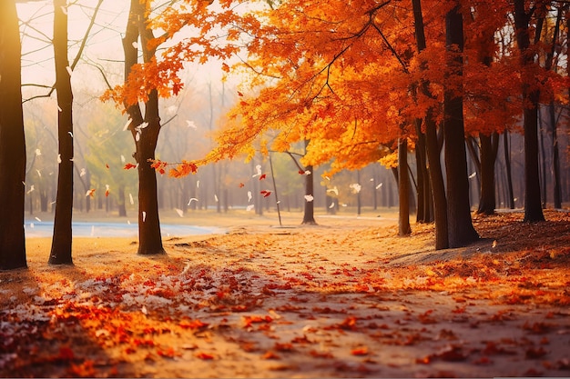 Autumn Leaves Falling on a Road