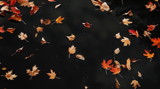 Photo autumn leaves floating on a black water surface