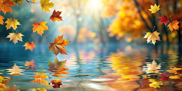 Autumn leaves floating gracefully on tranquil water fall foliage reflection peaceful serene nature seasonal