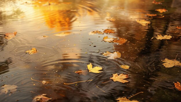 Photo autumn leaves floating in a puddly stream on a sunny day