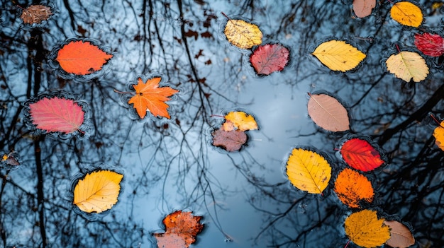 Photo autumn leaves floating in still water with reflections