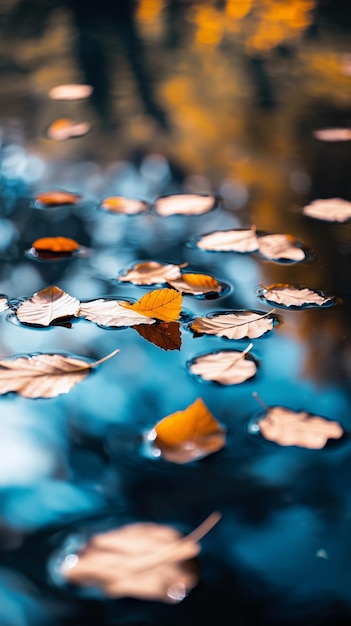 Photo autumn leaves floating on a tranquil pond reflecting vivid colors in the early afternoon light