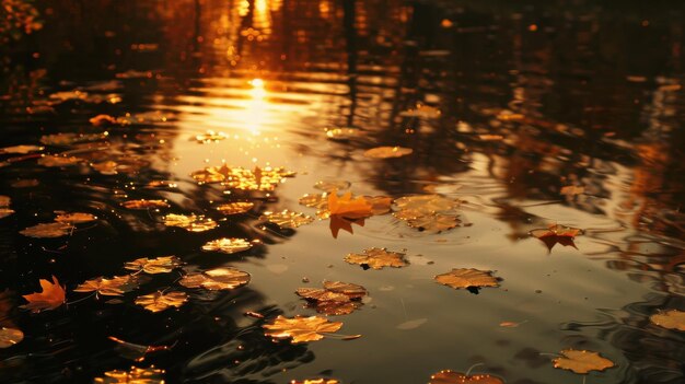 Photo autumn leaves floating on water at sunset