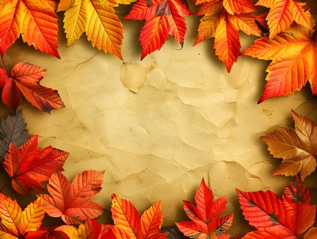 Autumn Leaves Frame on Vintage Paper ideal for seasonal greetings announcements or backgrounds