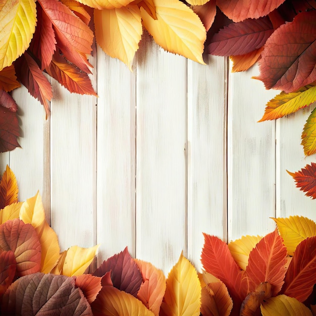 Autumn leaves frame over white rustic wooden background