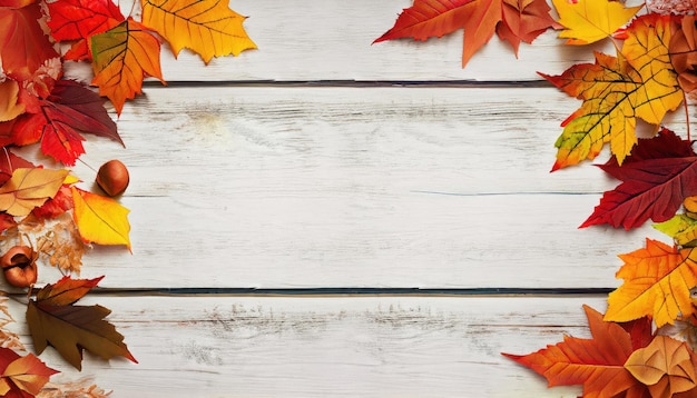 Autumn leaves frame over white rustic wooden background