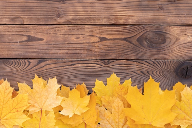 Autumn leaves frame on wooden background