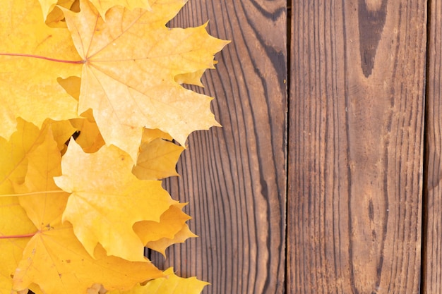 Autumn leaves frame on wooden background