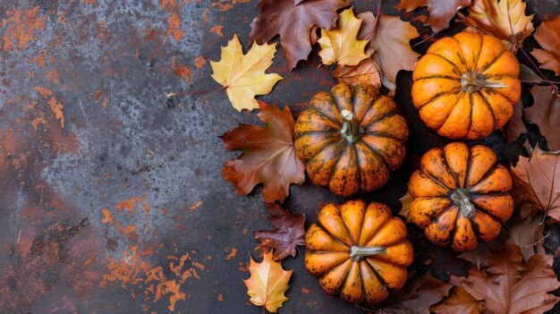 Autumn leaves and golden pumpkins composition for thanksgiving with ample copy space top view