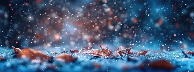 Autumn Leaves on Ground Amidst First Snowfall at Evening Time in Nature