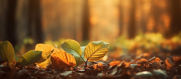 Autumn leaves on the ground in the sunlight