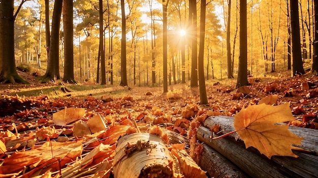 Photo autumn leaves on the ground with the sun shining through the trees