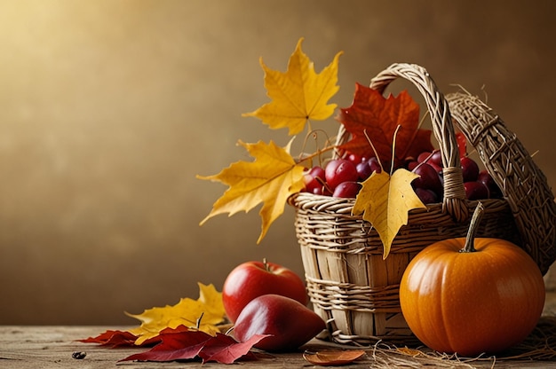 Autumn Leaves and Harvest Scene on Golden Background