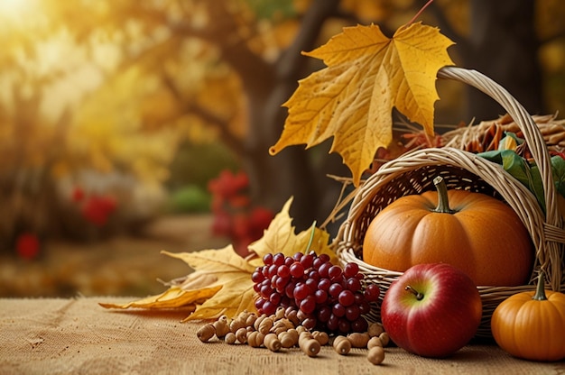 Autumn Leaves and Harvest Scene on Golden Background