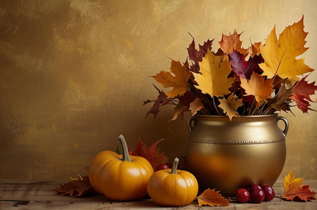 Autumn Leaves and Harvest Scene on Golden Background