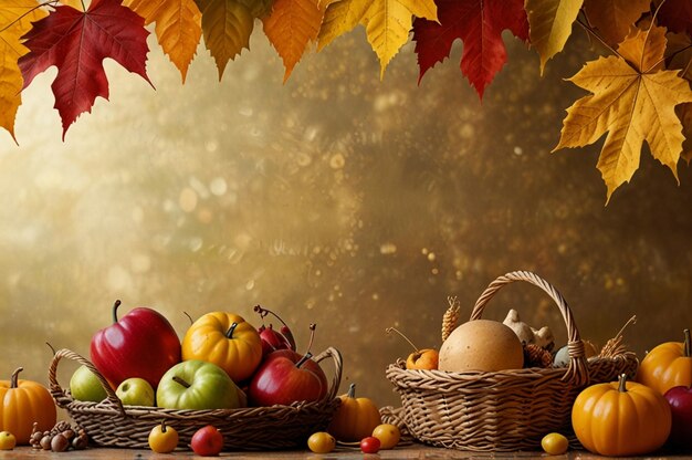 Autumn Leaves and Harvest Scene on Golden Background