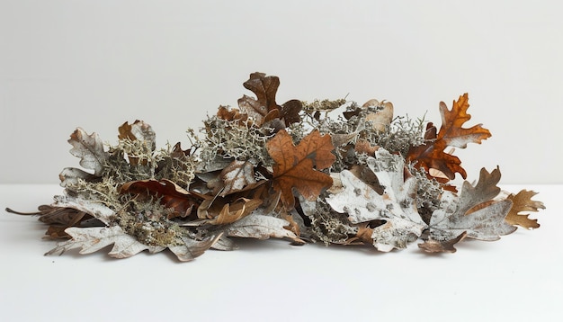 Photo autumn leaves and lichen artfully arranged on a white surface in a minimalist style