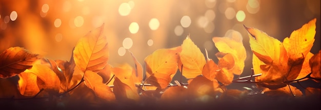 Autumn leaves lying on the ground with a panoramic bokeh effect and soft light Generative AI