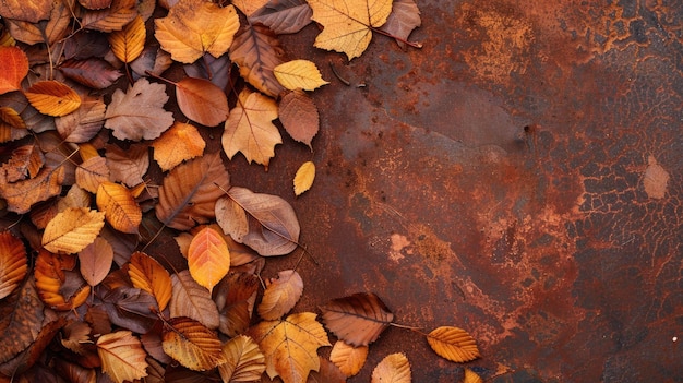 Autumn leaves lying on rusted metal surface