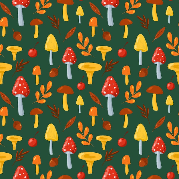 Autumn leaves mushrooms seamless pattern. Hand drawn in cartoon style mushrooms on green background