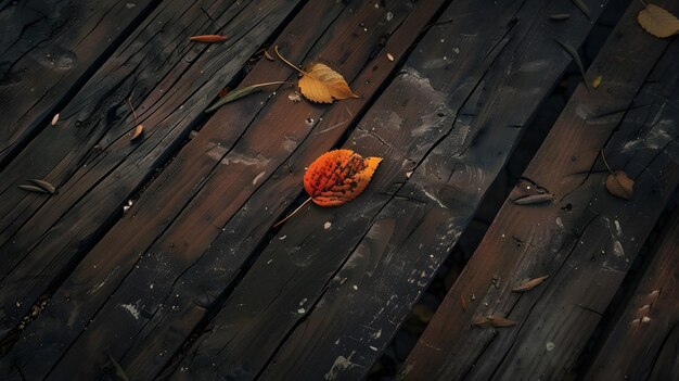 Autumn Leaves over a Natural Dark Wooden background Old dirty wood tables or parquet Generative AI