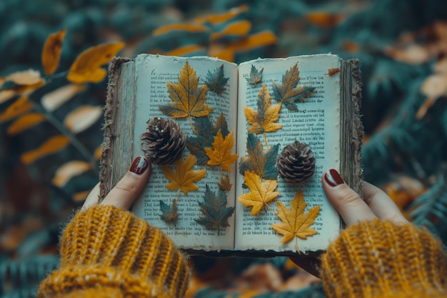 Photo autumn leaves and old book in forest